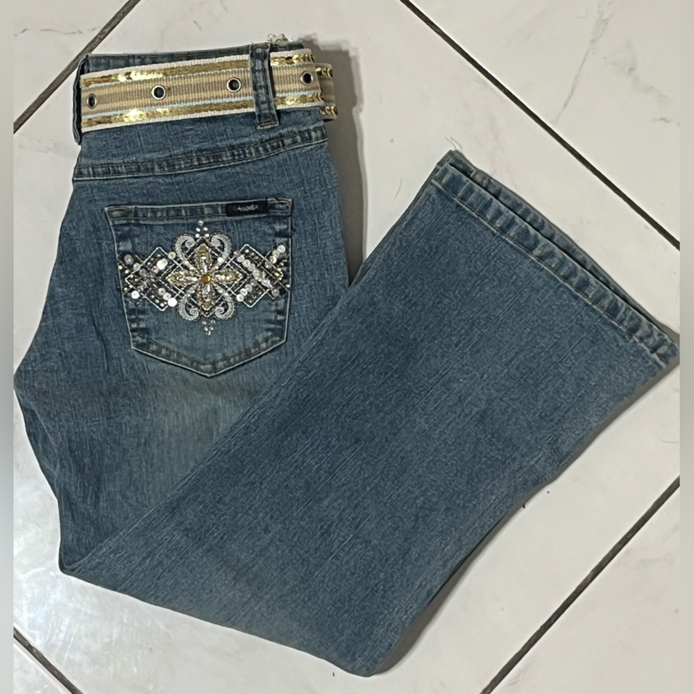 Angels Jeans gold blue crystal sequin flare Capri denim hipster stretch pants